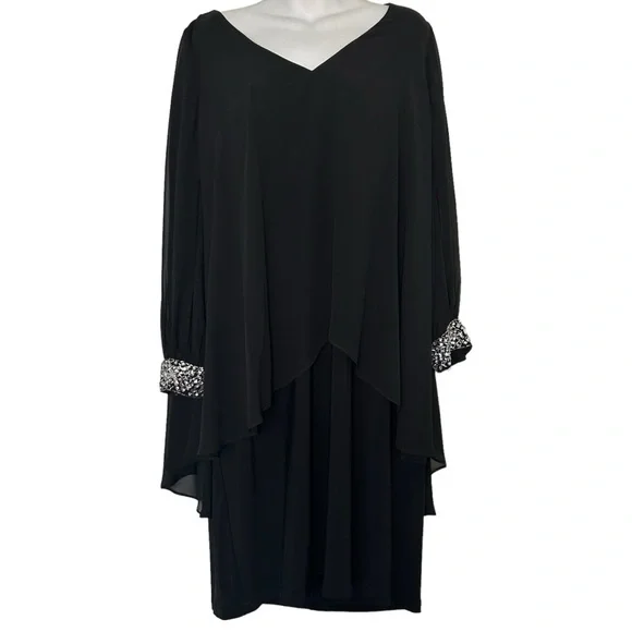 Alex Evenings BLACK JERSEY CHIFONN LONG SLEEVED DRESS WITH BEADED CUFFS size 16W - Picture 2 of 10